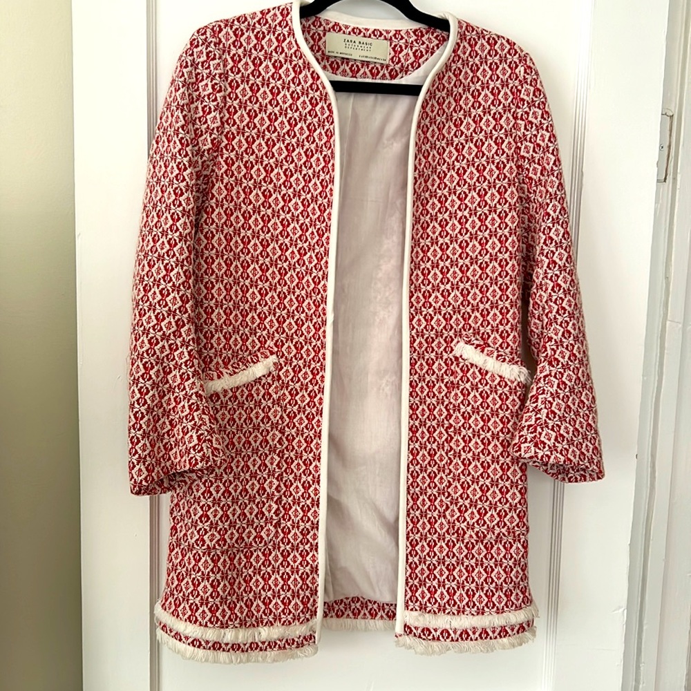 Zara Red and White Tweed Open Front Coat / Blazer - XS - NWOT